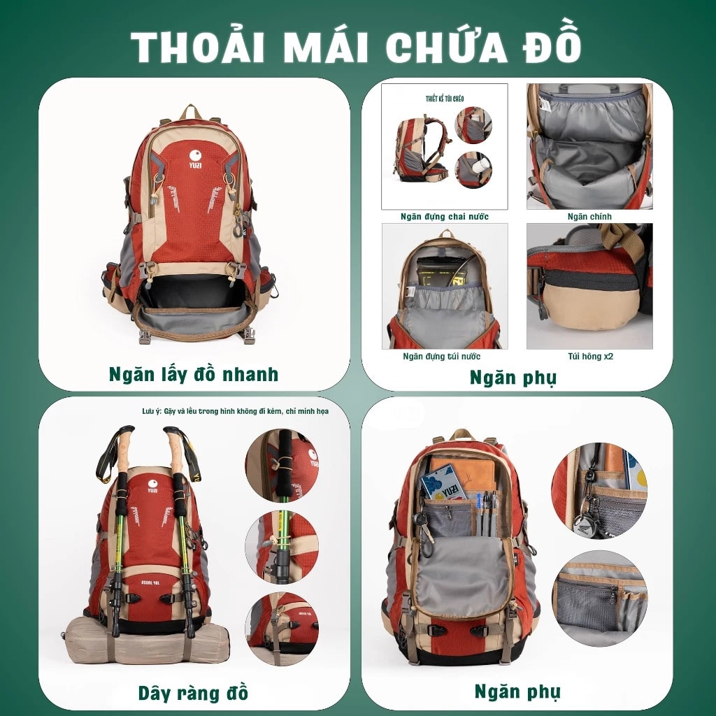 Balo leo núi, trekking Yuzi Usual 40L có khung trợ lực kim loại